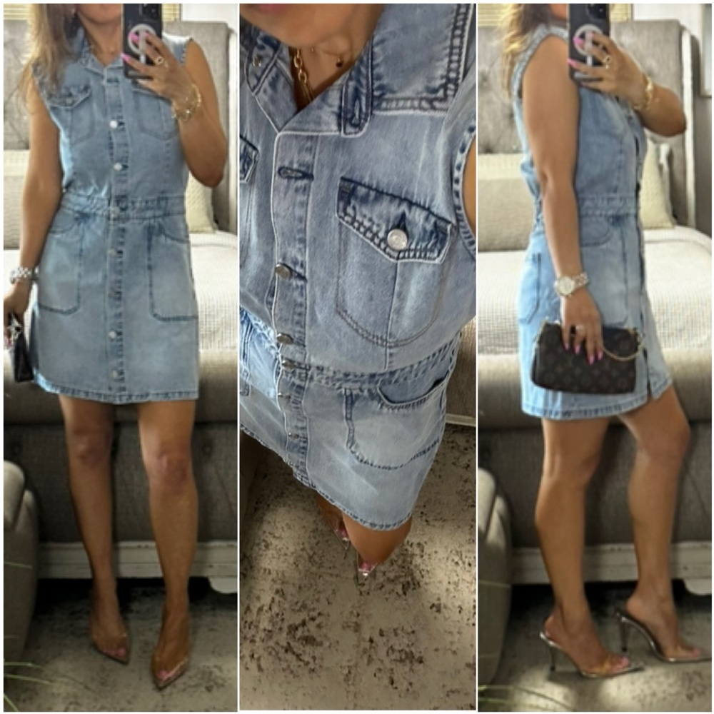 S🆕 Soft Stretch Denim Button-Front Sleeveless Mini Dress